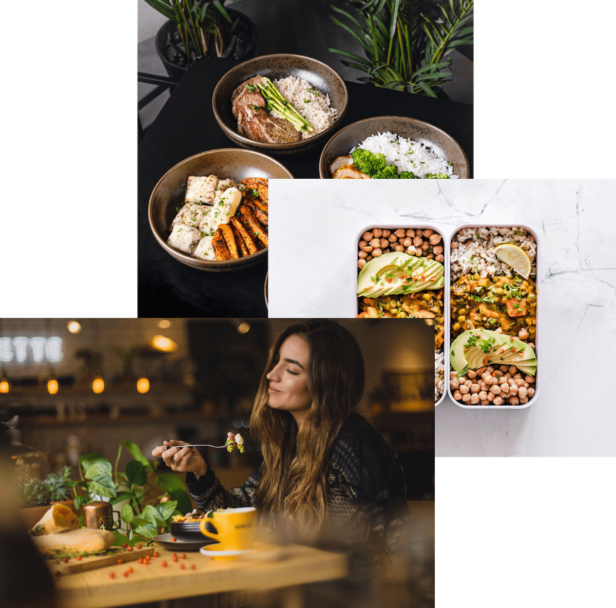 Woman enjoying food, meals in storage containers and food bowls on table